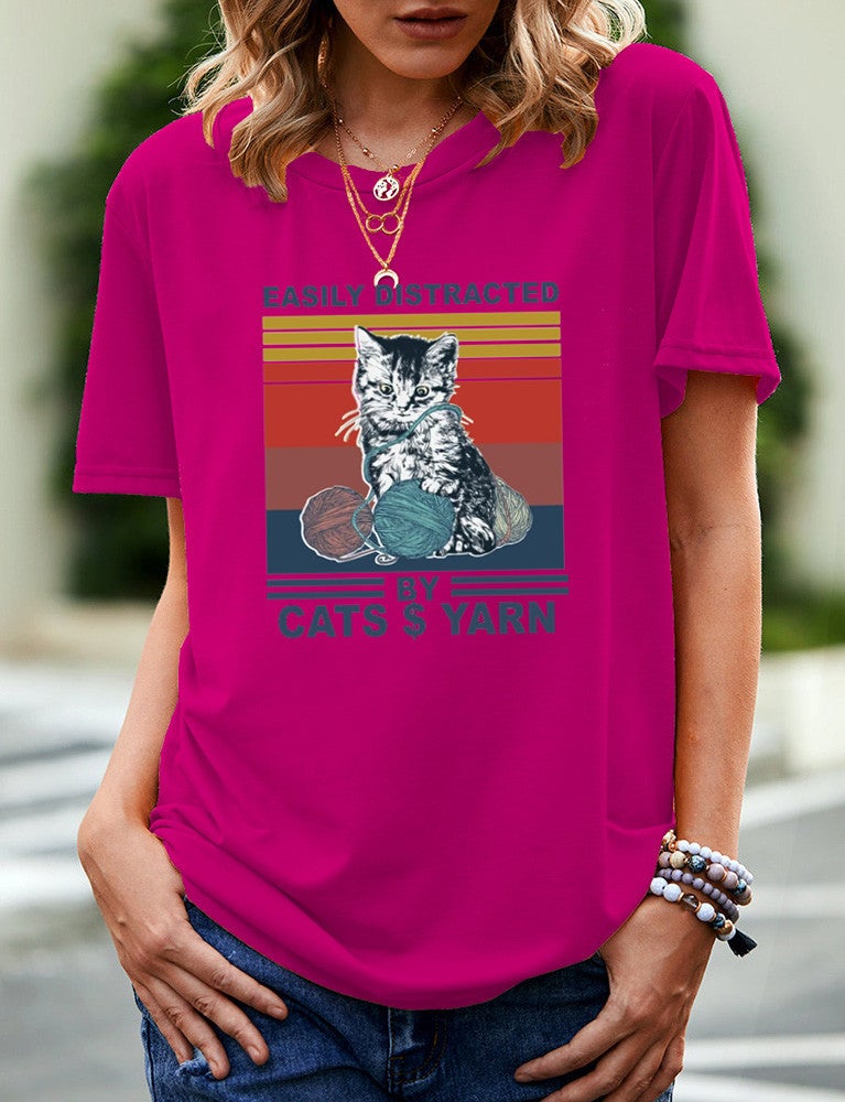 wish independent station EASILY DISTRACTED cat pattern printed short sleeve t-shirt women - Image 1