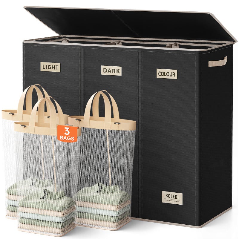 SOLEDI 200L 3-Section Laundry Hamper with Lid, Extra Large Dirty Clothes Basket with Sturdy Handles for Laundry Room & Bedroom - Durable Organizer for Sorting Laundry - Image 1