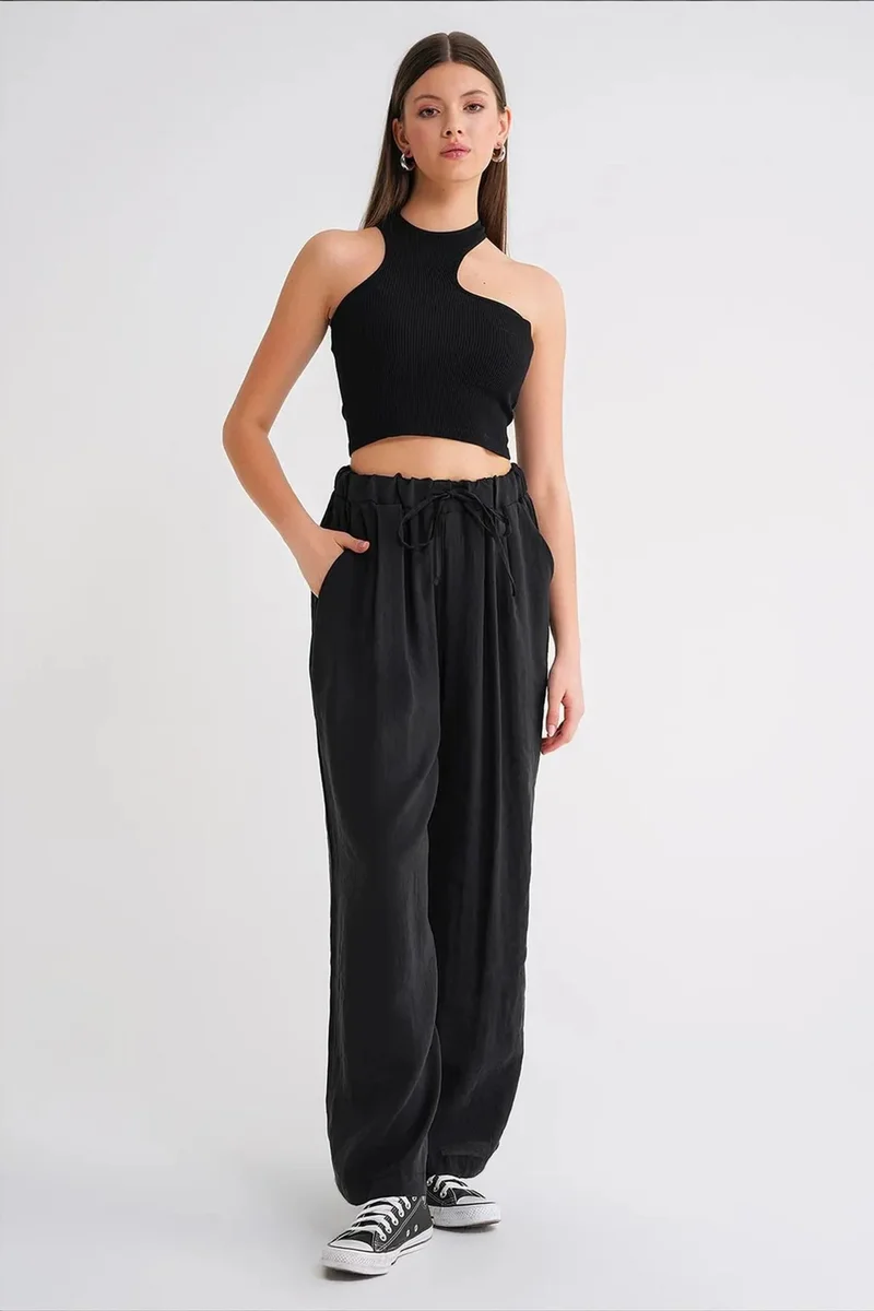 ميكسراي Mixray High Waist Modal Pleated Palazzo Pants with Drawstring