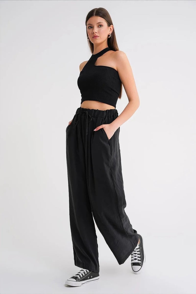 Mixray High Waist Modal Pleated Palazzo Pants with Drawstring - Image 3