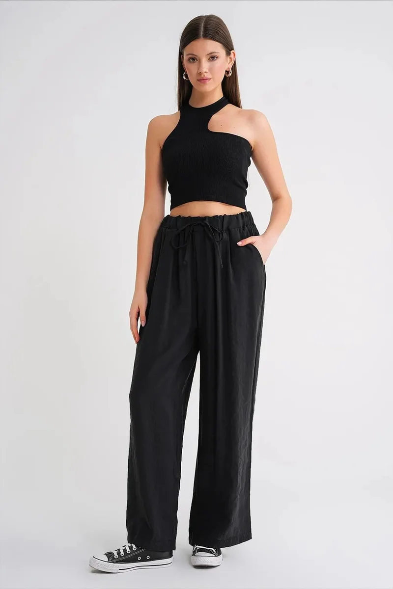 ميكسراي Mixray High Waist Modal Pleated Palazzo Pants with Drawstring