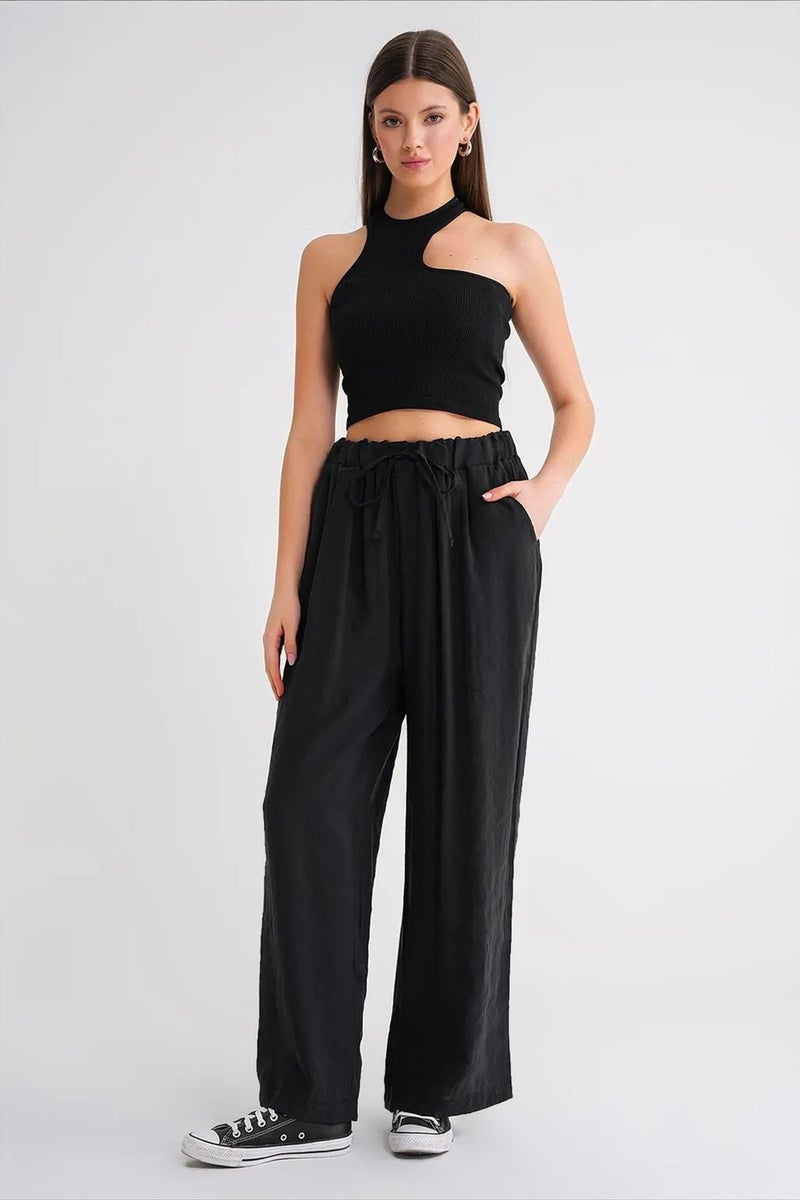 Mixray High Waist Modal Pleated Palazzo Pants with Drawstring - Image 1