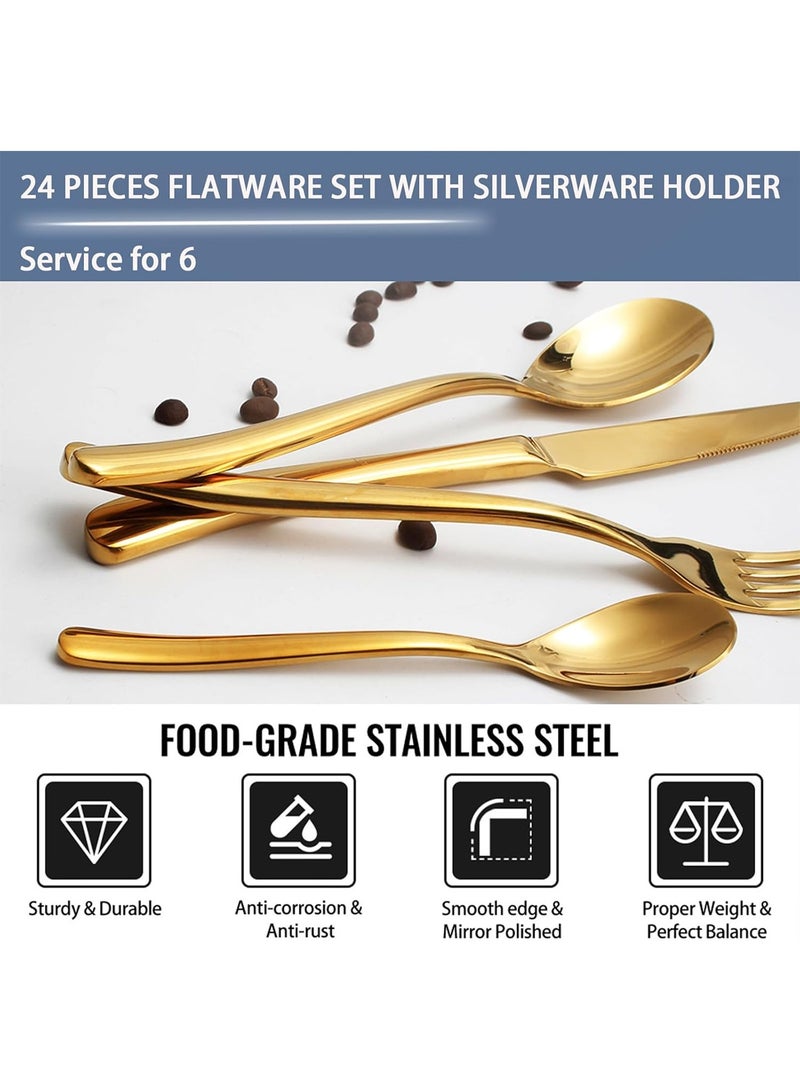 24PCS Tableware Set with Silverware Holder Stainless Steel Flatware Set Spoons Forks Knives,Utensils Set Service for 6 Mirror Polished Flatware Set Gold - Image 4