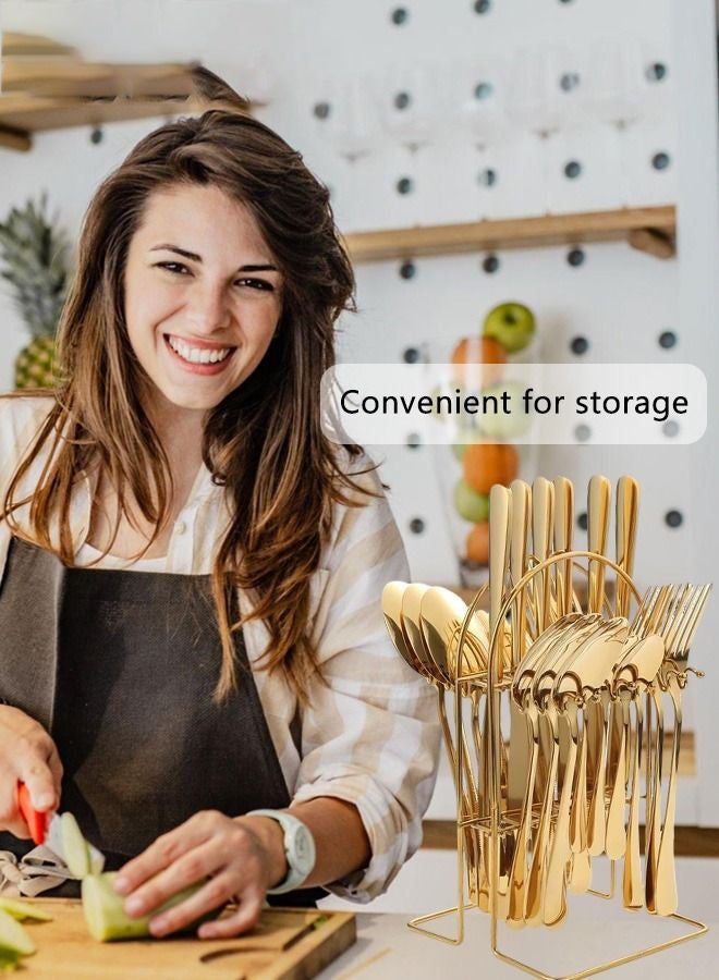 24PCS Tableware Set with Silverware Holder Stainless Steel Flatware Set Spoons Forks Knives,Utensils Set Service for 6 Mirror Polished Flatware Set Gold - Image 2