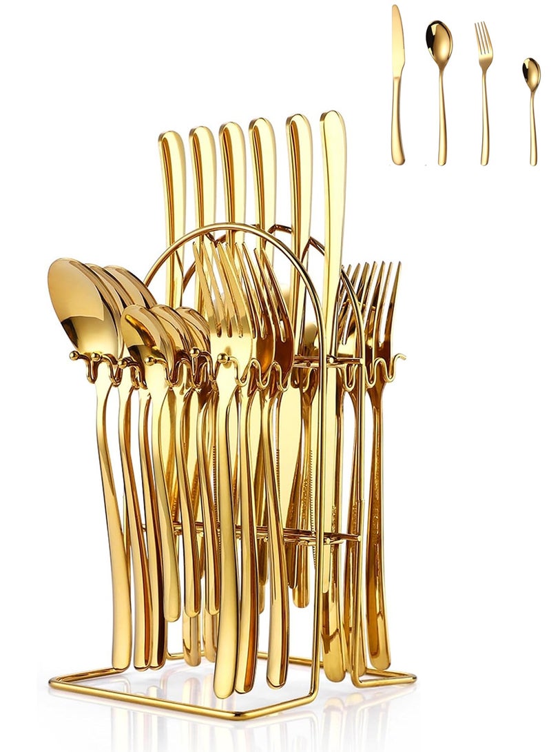 24PCS Tableware Set with Silverware Holder Stainless Steel Flatware Set Spoons Forks Knives,Utensils Set Service for 6 Mirror Polished Flatware Set Gold - Image 1