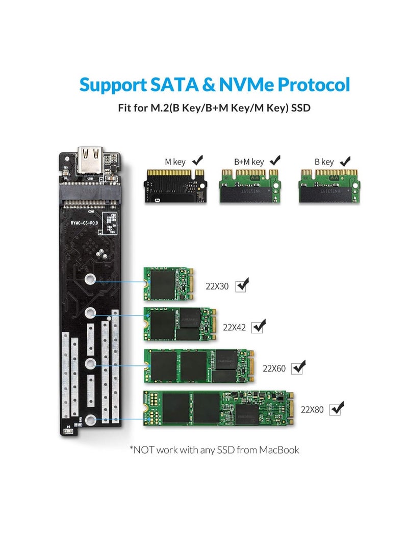 "M.2 NVMe SATA SSD Tool-Free Enclosure, USB 3.1 Type-C 10Gbps to M.2 SSD for SATA/Non-Volatile Memory M.2 (M-Key/B+M) SSD, Supports 2230/2242/2260/2280, Up to 2TB – Blue" - Image 3