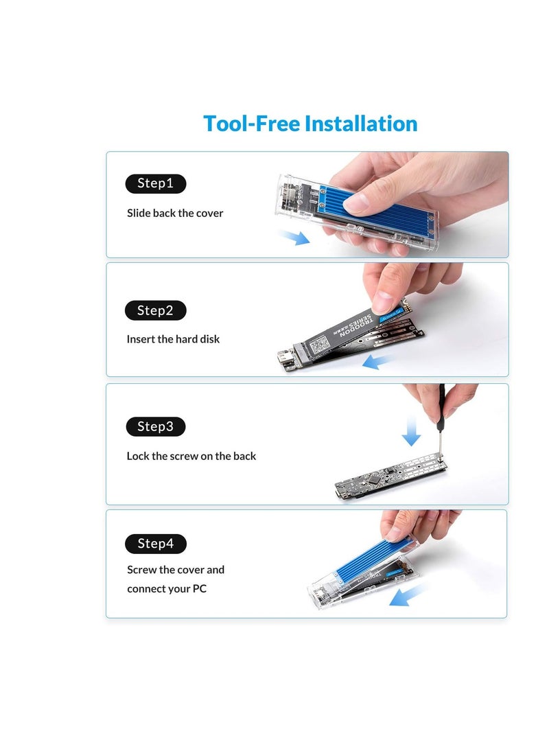 "M.2 NVMe SATA SSD Tool-Free Enclosure, USB 3.1 Type-C 10Gbps to M.2 SSD for SATA/Non-Volatile Memory M.2 (M-Key/B+M) SSD, Supports 2230/2242/2260/2280, Up to 2TB – Blue" - Image 5