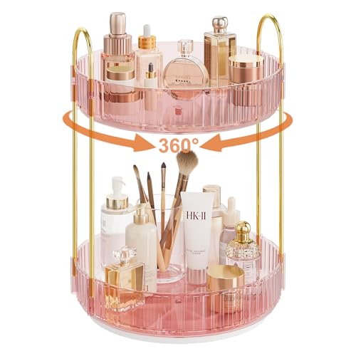 Kinkota Rotating Makeup Organizer CountertopSkincare OrganizersSpinning Perfume Tray StandMakeup Storage Organizer for VanityBathroom Organizer and StorageLazy Susan2 TierPink - Image 1