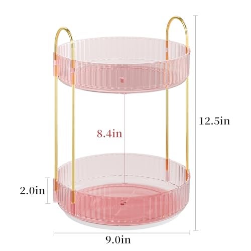 Kinkota Rotating Makeup Organizer CountertopSkincare OrganizersSpinning Perfume Tray StandMakeup Storage Organizer for VanityBathroom Organizer and StorageLazy Susan2 TierPink - Image 3