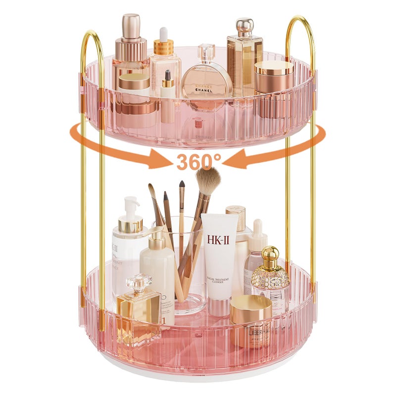 Kinkota Rotating Makeup Organizer CountertopSkincare OrganizersSpinning Perfume Tray StandMakeup Storage Organizer for VanityBathroom Organizer and StorageLazy Susan2 TierPink - Image 2