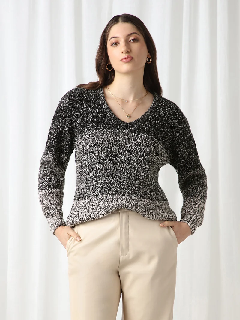 globus Globus Women Black Ombre Self Design V-Neck Acrylic Pullover Sweater