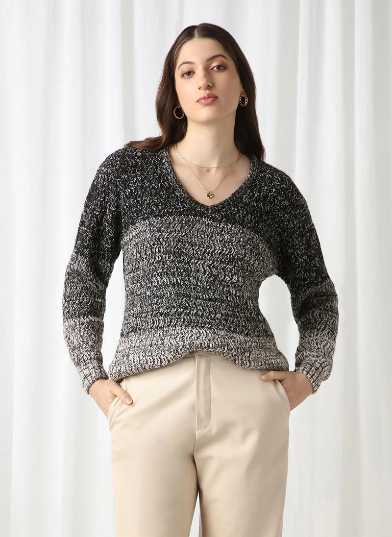 globus Globus Women Black Ombre Self Design V-Neck Acrylic Pullover Sweater