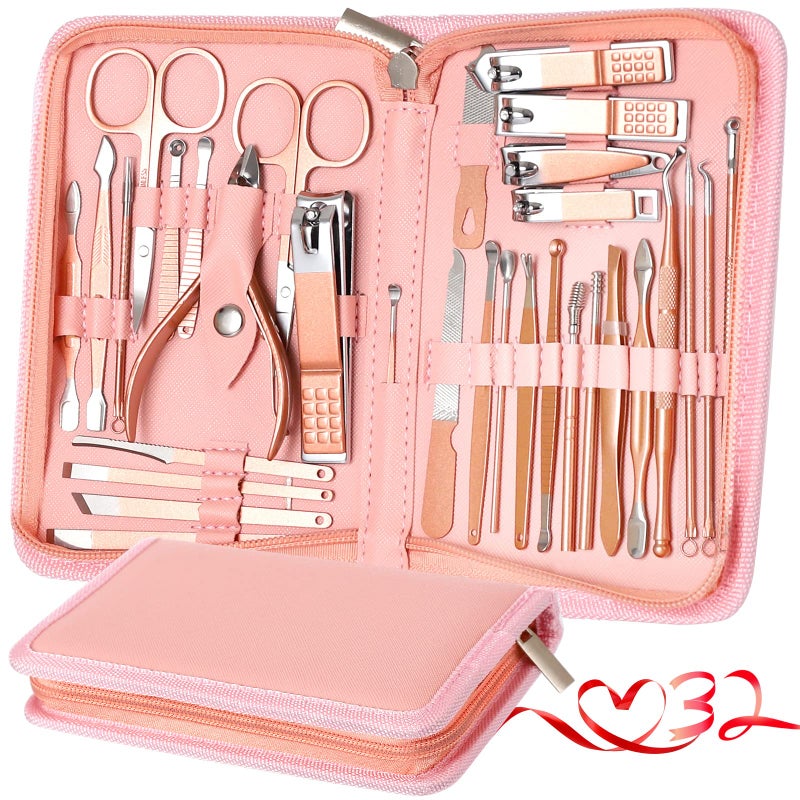 KV.YSHQLNE Manicure Set Pedicure Kit Womens Nail Clippers Set 32 in 1 Professional Grooming Care Tools Nail Kit Including Facial, Fingernails and Toenails Care with Travel Case Women (Rose Pink_32 in 1) - Image 1
