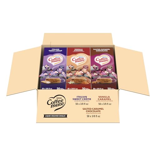 Coffee Mate Nestle Coffee mate Creamer Singles Variety Pack, Italian Sweet Creme, Salted Caramel Chocolate, Vanilla Caramel Non Dairy, No Refrigeration, 0.375 fl oz Tubs, 150 Count (Pack of 50 Per Fla