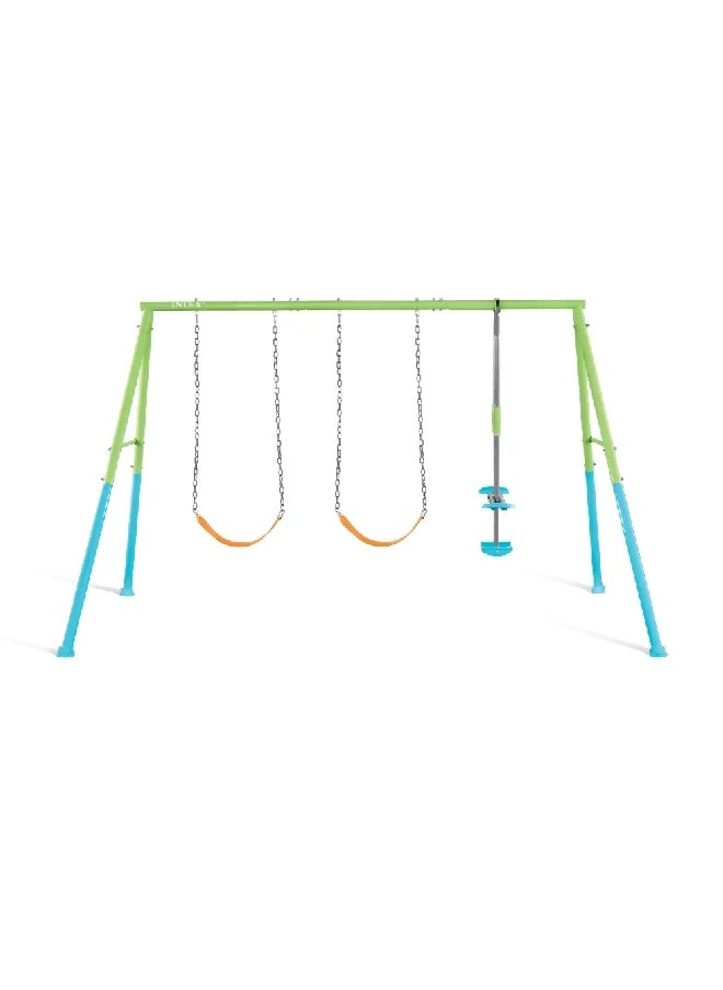 3-Feature Colorful Swing and Glide Heavy Duty Outdoor Swing Set Green and Blue 203 x 343 x 249 cm INT44121