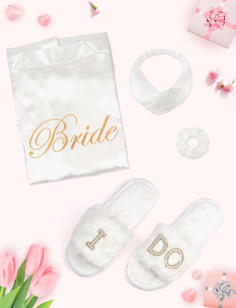 EPLAZA 4 Pcs Bride Robe for Wedding Day Set Bridal Robe with Slippers Lace Trim Wedding Robe for Bridal Bachelorette Party (White-BR, Small-Medium) - Image 5