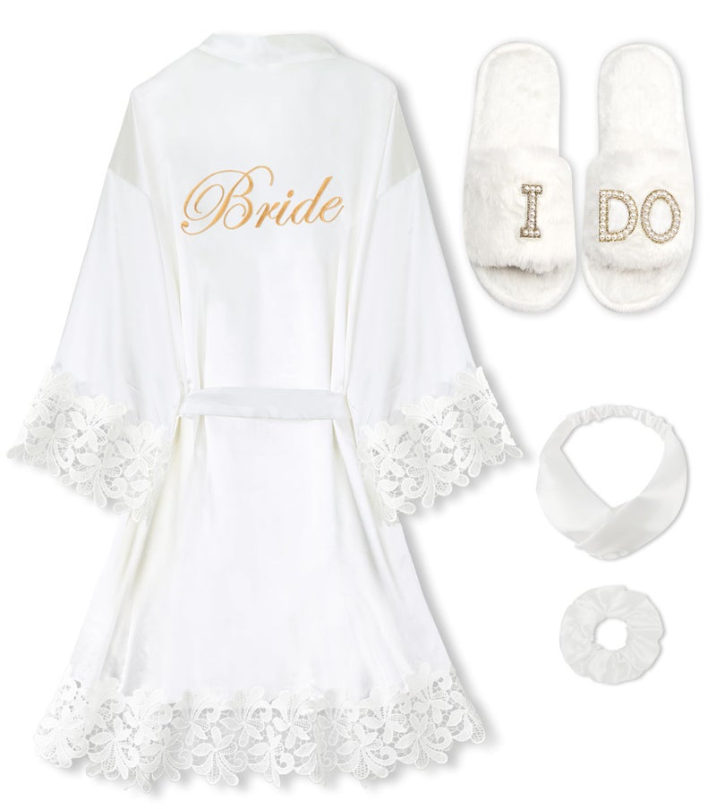 EPLAZA 4 Pcs Bride Robe for Wedding Day Set Bridal Robe with Slippers Lace Trim Wedding Robe for Bridal Bachelorette Party (White-BR, Small-Medium) - Image 1