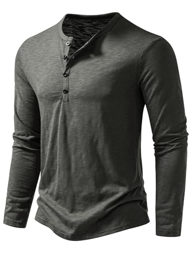 PARKLEES Men's Casual Stretchy Long Sleeve Henley T-Shirt Front Placket Muscle Workout Athletic 4 Buttons Tee Tops Gray Large - Image 2