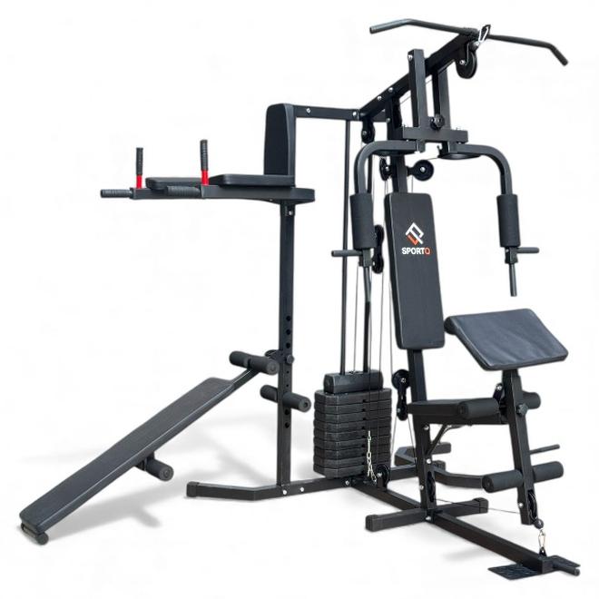 سبورت كيو جهاز جيم منزلي متعدد الوظائف من سبورت كيو®️جهاز تمارين شامل لكامل الجسم مع أوزان مدمجة، عقلة ومتوازي، بنش قابل للتعديل، لتدريب الصدر والظهر والأكتاف والذراعين والبطن والساقين – مثالي للمنزل - Image 1