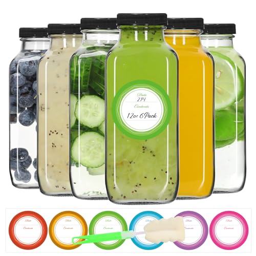 STARSIDE 12 oz Glass Juice Bottles with Lids 6 Pack - Square Reusable Drinking Jars for Juicing, Milk, Kombucha - Includes 1 Bottle Brush, 6 Colored Labels - Image 1