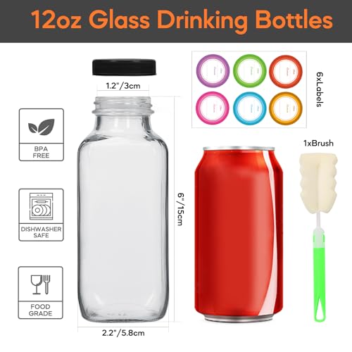 STARSIDE 12 oz Glass Juice Bottles with Lids 6 Pack - Square Reusable Drinking Jars for Juicing, Milk, Kombucha - Includes 1 Bottle Brush, 6 Colored Labels - Image 2