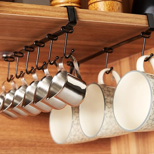 XILAOTOU Mug Rack Under Cabinet Coffee Cup Holder Each Bracket is Equipped with 6 and Adjustable Position of The Hook Display Hanging Cups Drying Hook for Bar Kitchen Utensils Black 2 Sets - Image 1