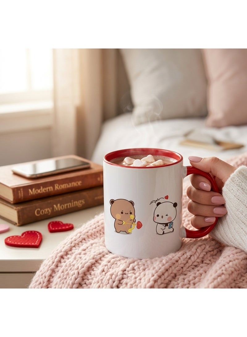 Bickerbond Cute Cupid Bubu and Dudu Love Coffee Mug - Two-Tone Ceramic Cup with Red Handle & Inner - 11oz Kawaii Valentine’s Day Tea Mug for Couples, Anniversaries & Gifting - White/Red - Image 2