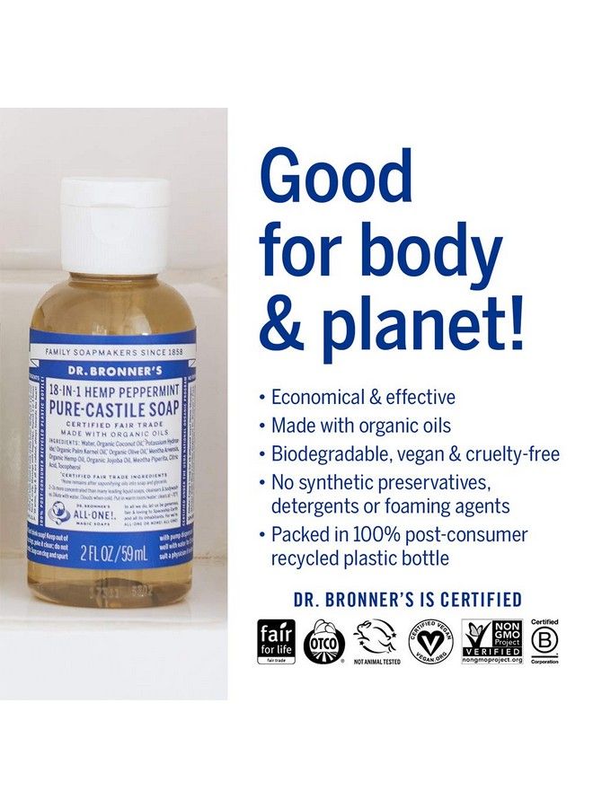 Dr. Bronner's صابون سائل بيور كاستيل (حجم السفر بنكهة النعناع 2 أونصة) مصنوع من زيوت عضوية 18 في 1 الاستخدامات: للوجه والجسم والشعر والغسيل والحيوانات الأليفة والأطباق مركز نباتي غير معدل وراثيًا - Image 5