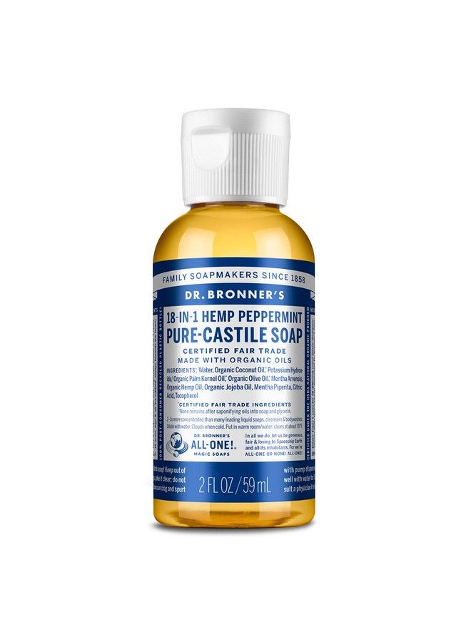 Dr. Bronner's صابون سائل بيور كاستيل (حجم السفر بنكهة النعناع 2 أونصة) مصنوع من زيوت عضوية 18 في 1 الاستخدامات: للوجه والجسم والشعر والغسيل والحيوانات الأليفة والأطباق مركز نباتي غير معدل وراثيًا - Image 2