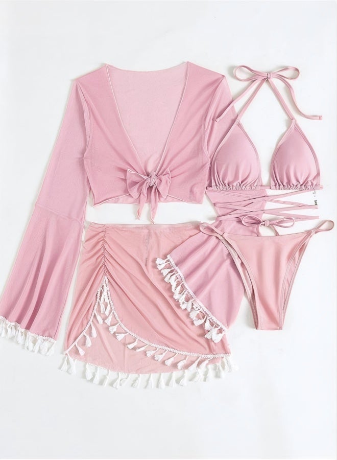 4-Piece Women's Bikini Swimsuit Chiffon Tassel Sun Protection Shirt Split Short Skirt Fine Strap Buckle Design Bra Bikini - Image 3