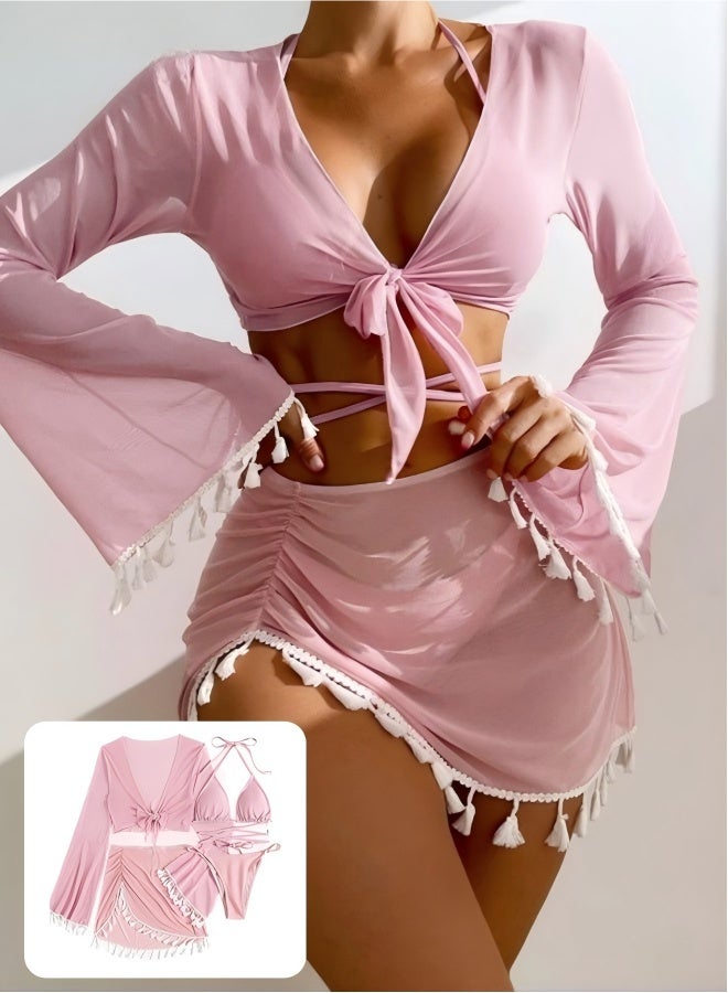 4-Piece Women's Bikini Swimsuit Chiffon Tassel Sun Protection Shirt Split Short Skirt Fine Strap Buckle Design Bra Bikini - Image 1