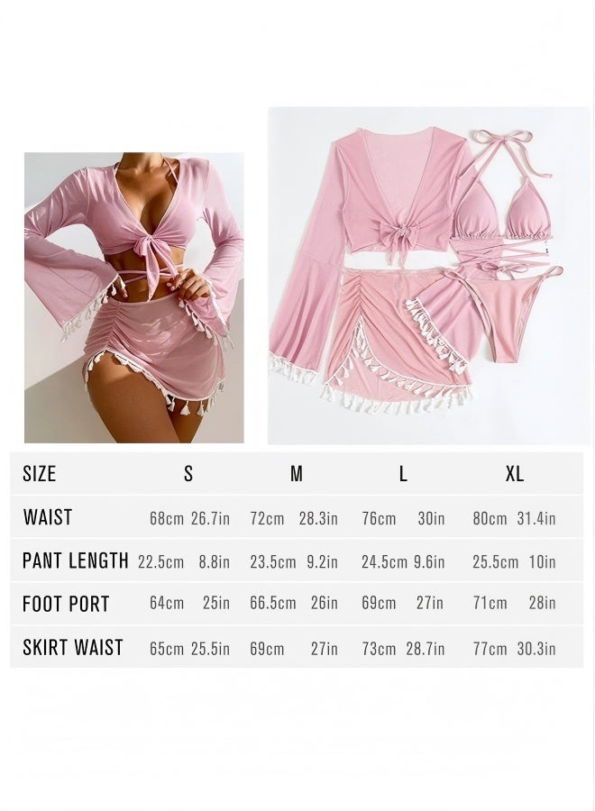 4-Piece Women's Bikini Swimsuit Chiffon Tassel Sun Protection Shirt Split Short Skirt Fine Strap Buckle Design Bra Bikini - Image 5