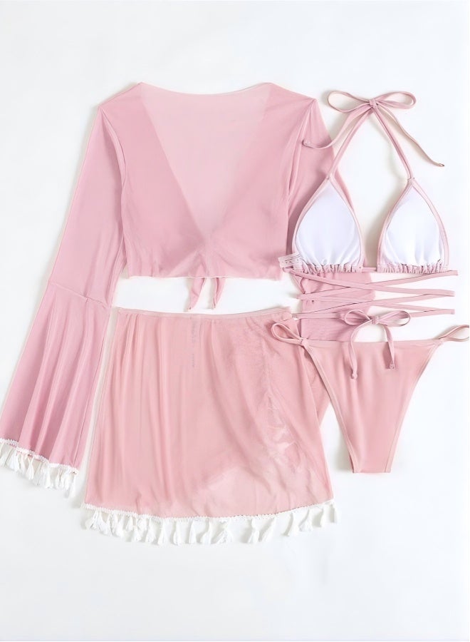 4-Piece Women's Bikini Swimsuit Chiffon Tassel Sun Protection Shirt Split Short Skirt Fine Strap Buckle Design Bra Bikini - Image 4