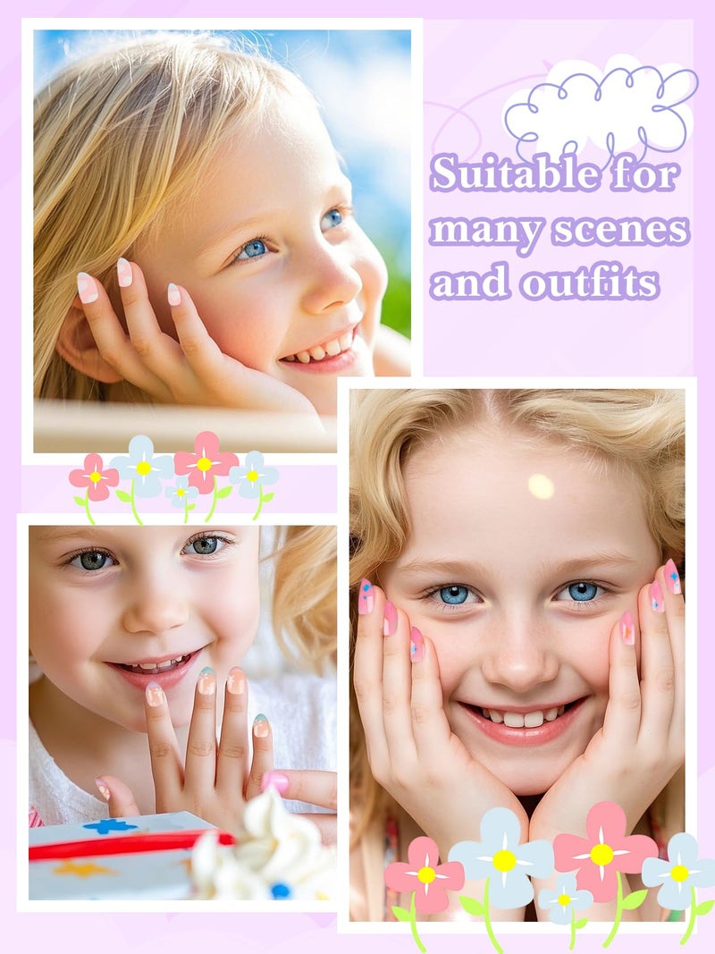 EBANKU 78 Pieces Press on Nails for Kids, EBANKU 3 Pack Kid Fake Pink Star Flower Short Artificial False Nail Kits for Kids Girls 6-12 Years with Nail Glue - Image 5