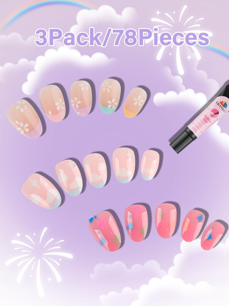 EBANKU 78 Pieces Press on Nails for Kids, EBANKU 3 Pack Kid Fake Pink Star Flower Short Artificial False Nail Kits for Kids Girls 6-12 Years with Nail Glue - Image 2