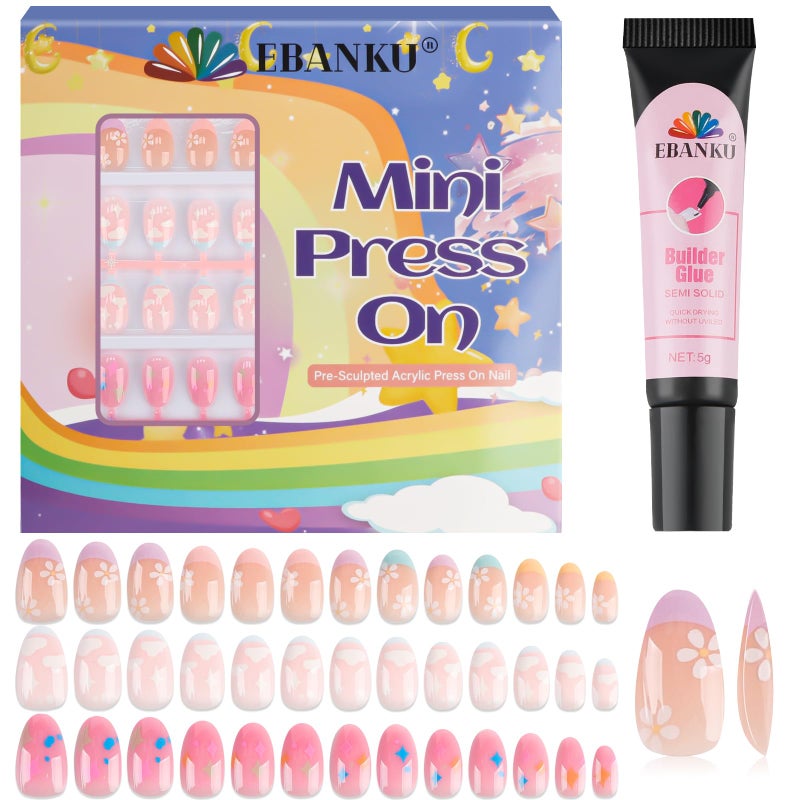EBANKU 78 Pieces Press on Nails for Kids, EBANKU 3 Pack Kid Fake Pink Star Flower Short Artificial False Nail Kits for Kids Girls 6-12 Years with Nail Glue - Image 1