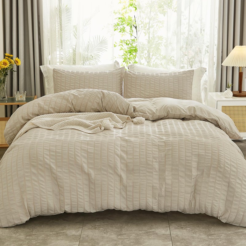 AveLom Beige Seersucker Duvet Cover Set King Size 104 x 90 inches 3 Pieces 1 Duvet Cover 2 Pillow Cases Ultra Soft Washed Microfiber Textured Duvet Cover with Zipper Closure Corner Ties