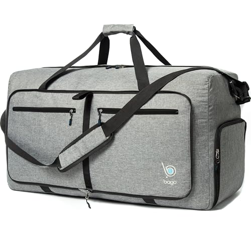 Bago Large Foldable Duffel Bags for Traveling Women & Men - 80L Packable Duffle Bag for Travel with Shoe Compartment - Water Repellant, Heavy Duty, Lightweight Folding & Collapsible (SnowGray) - Image 1