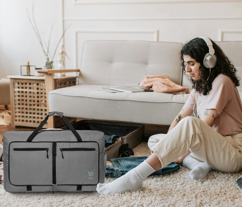 Bago Large Foldable Duffel Bags for Traveling Women & Men - 80L Packable Duffle Bag for Travel with Shoe Compartment - Water Repellant, Heavy Duty, Lightweight Folding & Collapsible (SnowGray) - Image 2