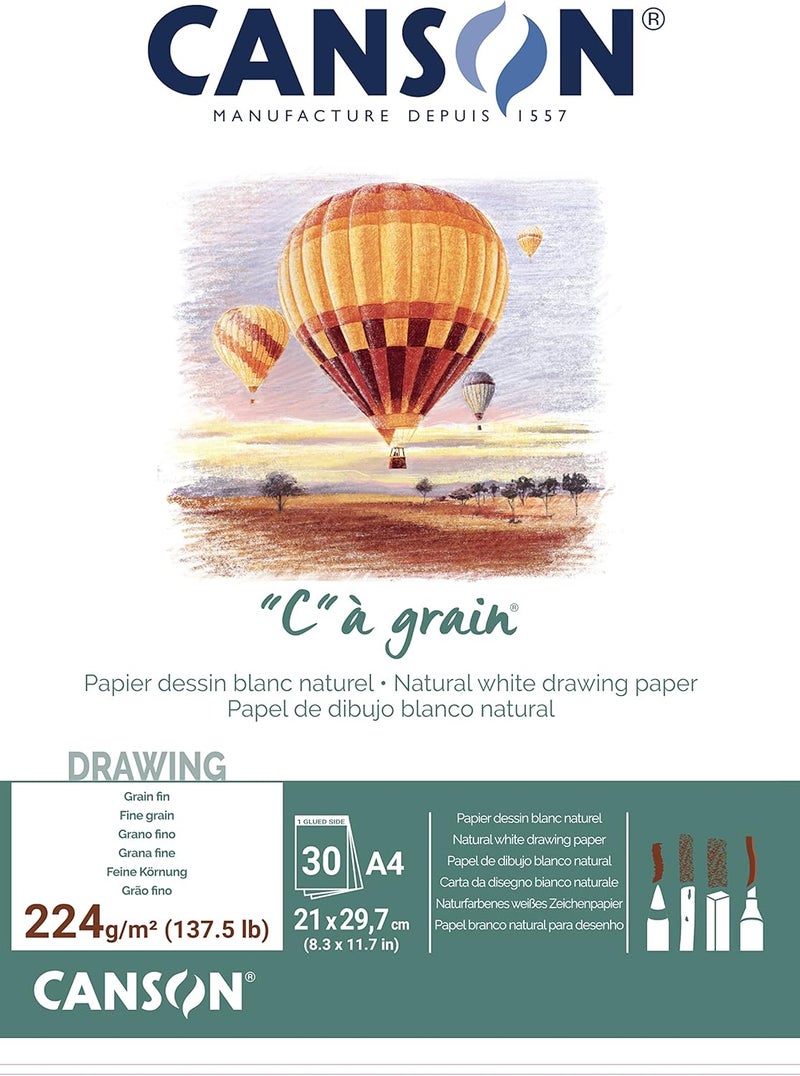 CANSON Canson C  Grain A4 224g White Drawing  Sketching Paper Pad 30 Sheets Fine Grain Texture Glued on Short Side Ideal for Professional Artists  - Image 1