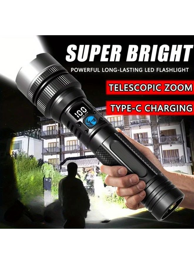 Black Powerful LED Flashlight with Zoom Digital Display Type C Rechargeable for Camping Hiking - Image 2