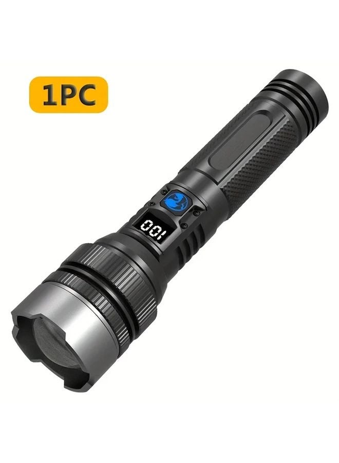 Black Powerful LED Flashlight with Zoom Digital Display Type C Rechargeable for Camping Hiking - Image 1