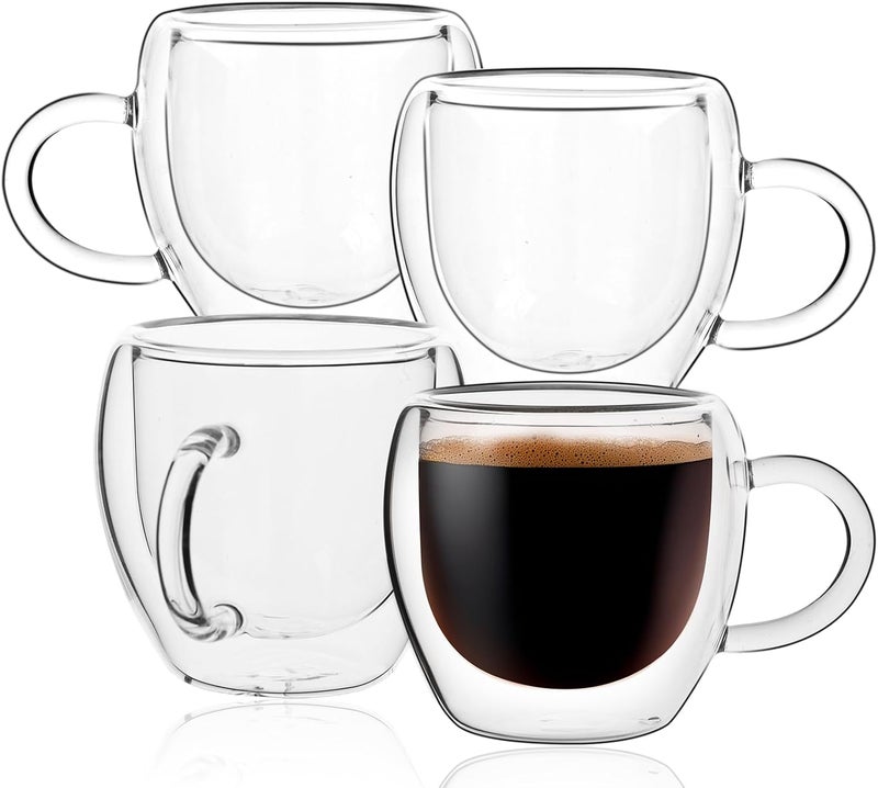 Wells 2.5oz Espresso Cups Set of 4 with Handle, Espresso Shot Glasses, Expresso Shots Cup,Clear Double Wall Insulated Espresso Mugs,Tazas de Cafe Expreso, Suit for Espresso Machine, Espresso Essentials - Image 1
