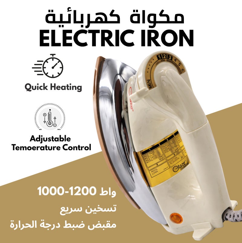 جليز مكواة كهربائية ثقيلة 1000 واط مع قاعدة غير لاصقة وتحكم بدرجة الحرارة القابلة للتعديل | مكواة سلكية سريعة التسخين، مكواة ثقيلة لإزالة التجاعيد، مكواة منزلية متينة لجميع أنواع الأقمشة - Image 3