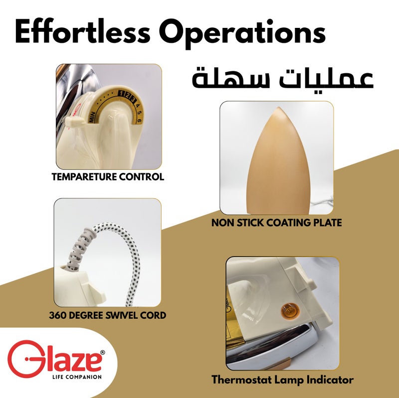 جليز مكواة كهربائية ثقيلة 1000 واط مع قاعدة غير لاصقة وتحكم بدرجة الحرارة القابلة للتعديل | مكواة سلكية سريعة التسخين، مكواة ثقيلة لإزالة التجاعيد، مكواة منزلية متينة لجميع أنواع الأقمشة - Image 5