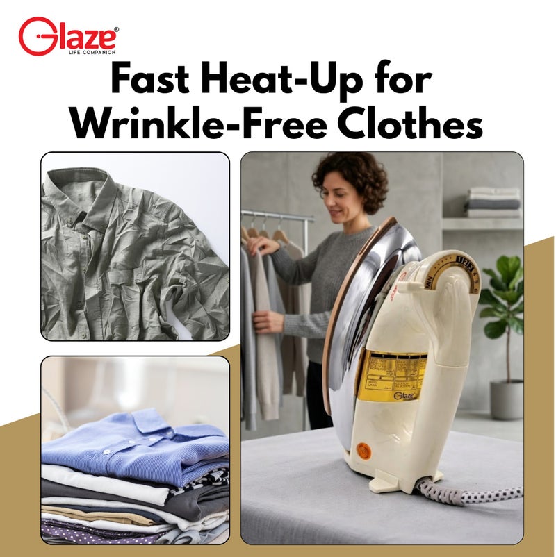 جليز مكواة كهربائية ثقيلة 1000 واط مع قاعدة غير لاصقة وتحكم بدرجة الحرارة القابلة للتعديل | مكواة سلكية سريعة التسخين، مكواة ثقيلة لإزالة التجاعيد، مكواة منزلية متينة لجميع أنواع الأقمشة - Image 4