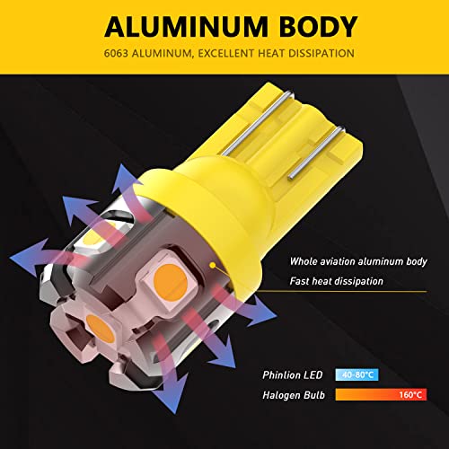 PHINLION 194 LED Light Bulb Amber Yellow Super Bright 168 2825 2827 T10 W5W Miniature LED Replacement Bulbs for Car Interior Map Dome Door Courtesy License Plate Side Marker Lights - Image 3
