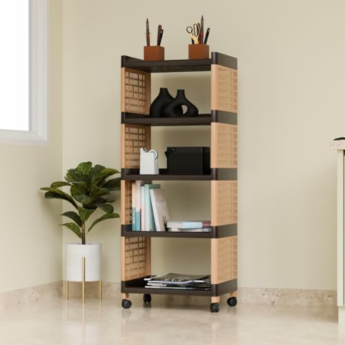 Biltoxi Multi-Purpose Trolley, Rolling Storage Rack, Plastic Storage Cart, Wheeled Organizer Stand Ideal for Kitchen, Office and Bathroom Organization (5 Layer, Brown and Ivory) - Image 1