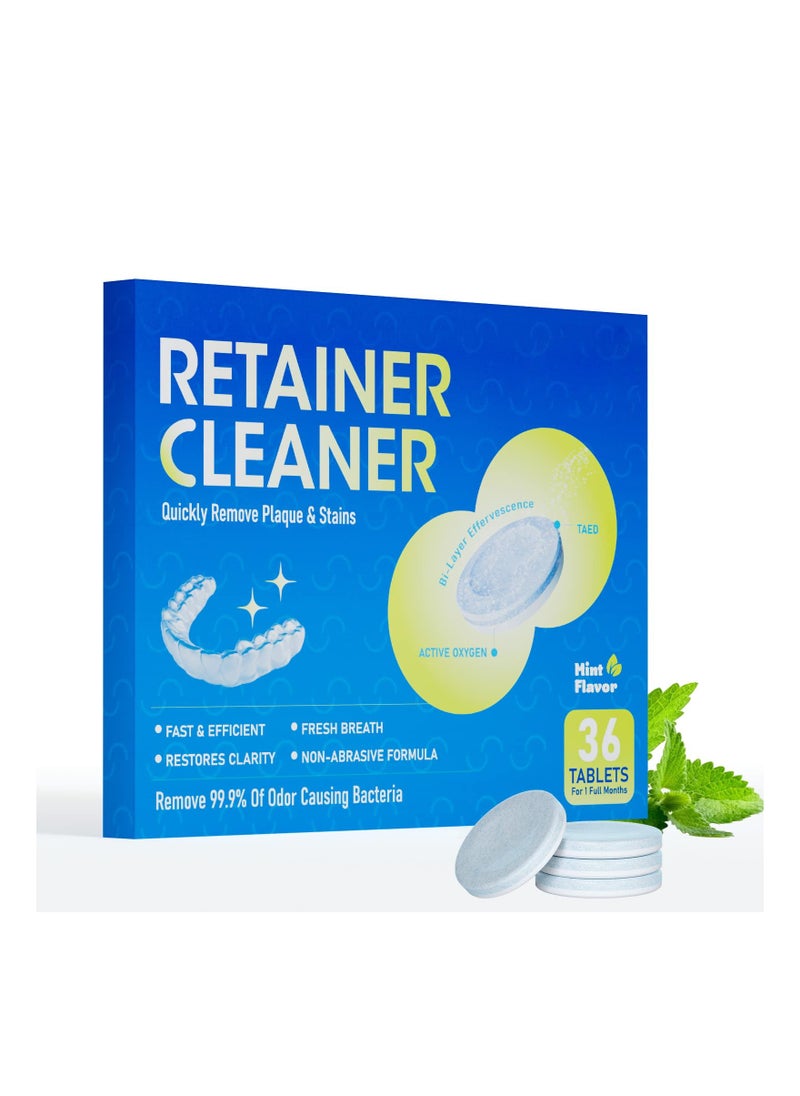 Generic Denture Cleaning Tablets with Retainer 36PCS Cleaning Tablets 1 Months Supply Denture Cleansing Tablets for Night Mouth Guard False Teeth Cleaning Removes Odors Stains Plaque Mint Flaver  - Image 1