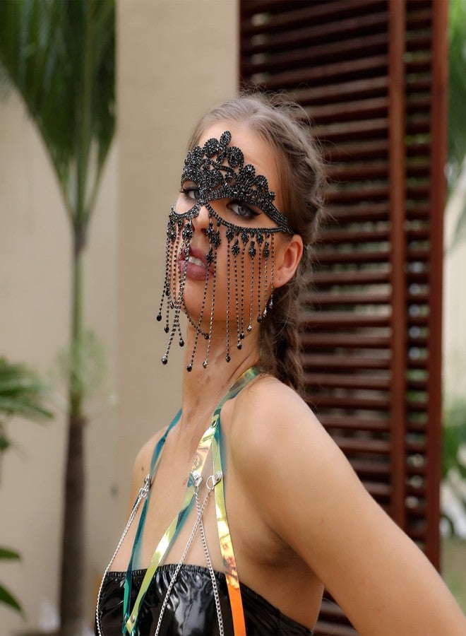 MineSign Masquerade Mask for Women Face Chain Veil Jewelry with Black Rhinestone Tassel Costume Headware for Festival Halloween - Image 4